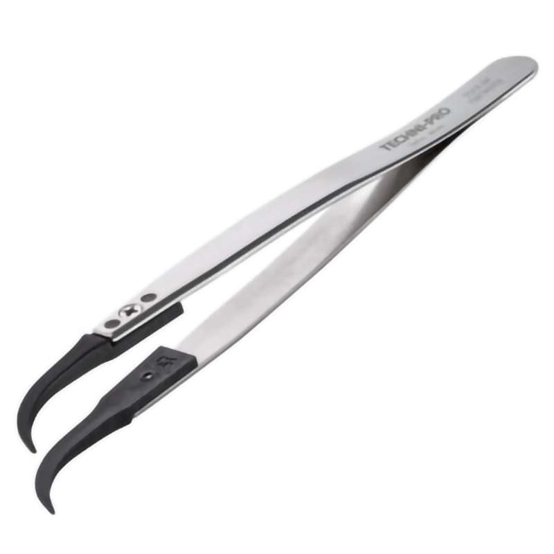 ESD Plastic Tip Tweezers, Style 7, Carbon Fiber Tips A7CF, Curved, Very Fine, 5.1"